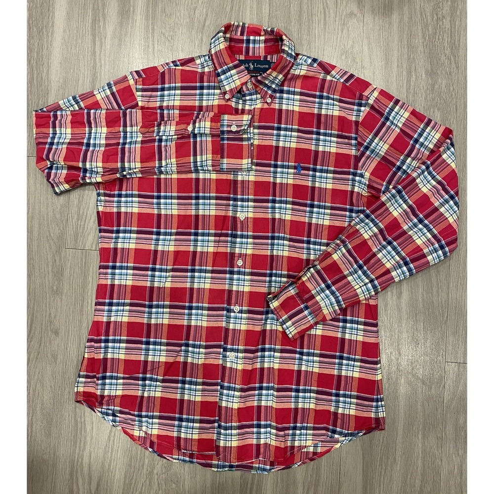Ralph Lauren Men Medium Custom Fit Red Plaid Button Down Shirt M *Flaws* Vintage